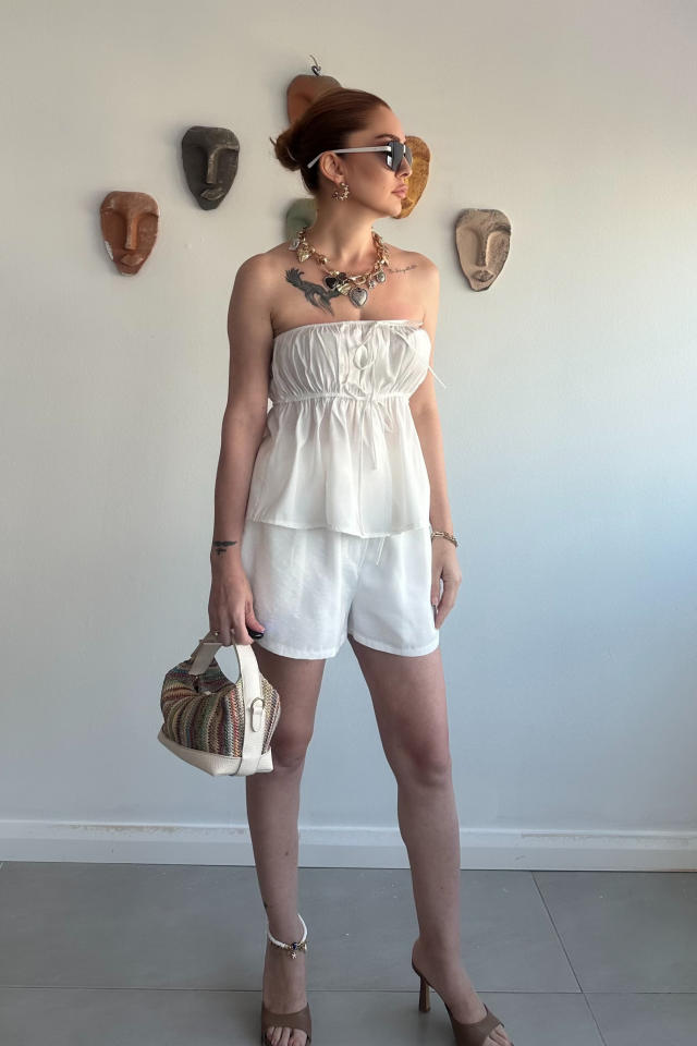 Beyaz Straplez Şort Takım