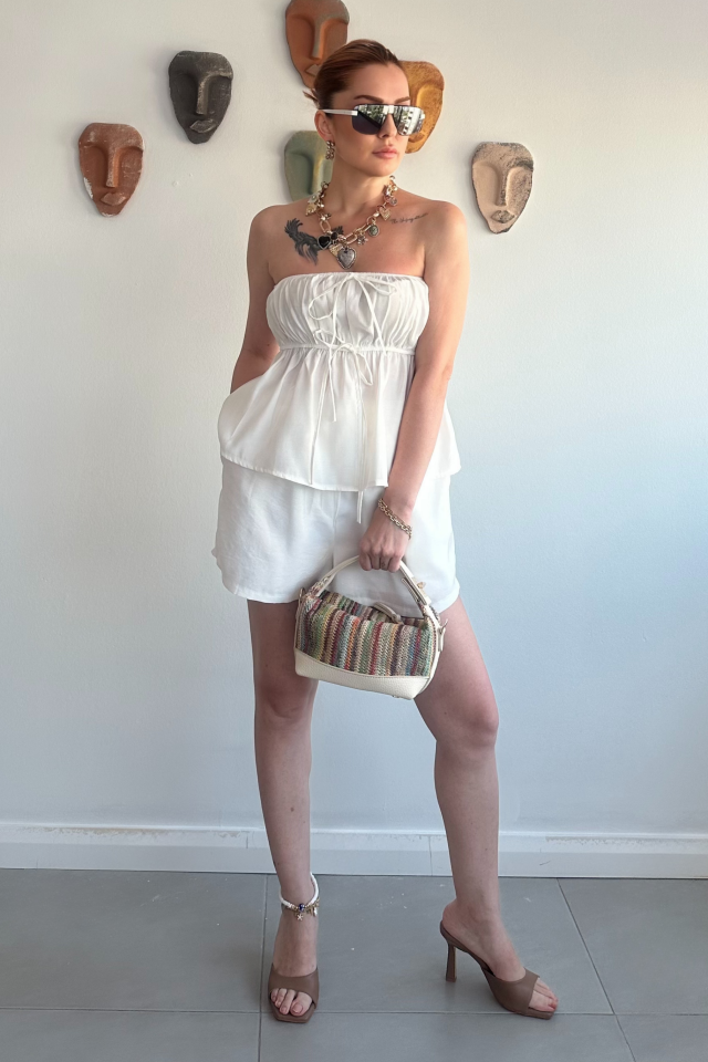 Beyaz Straplez Şort Takım