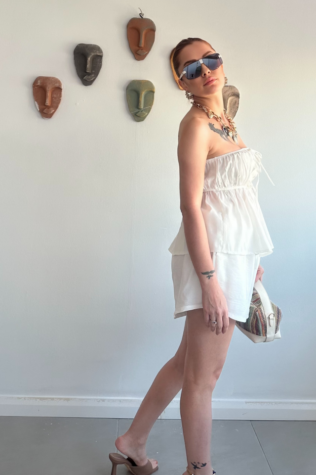 Beyaz Straplez Şort Takım