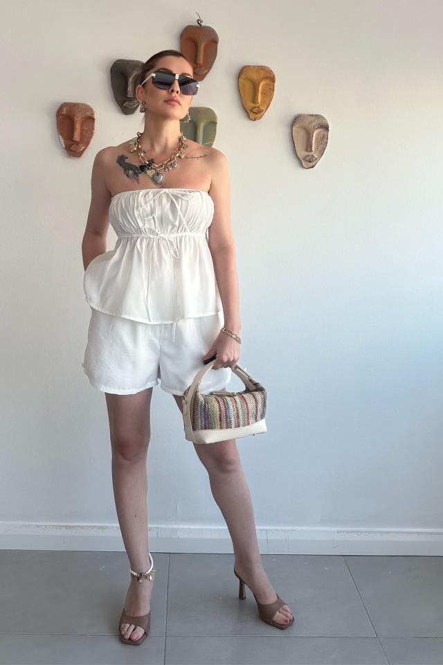 Beyaz Straplez Şort Takım