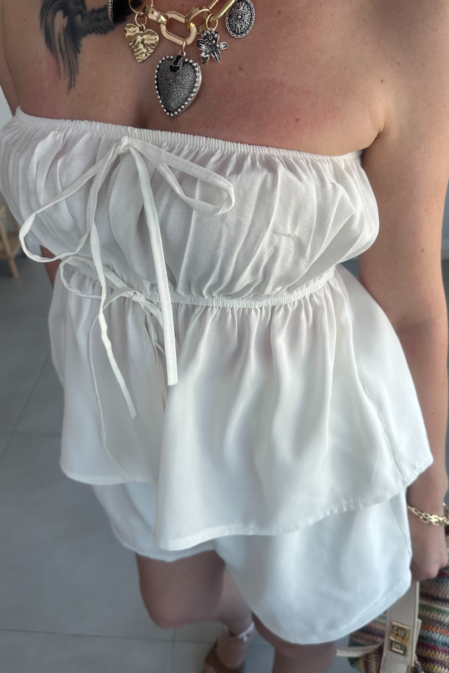 Beyaz Straplez Şort Takım