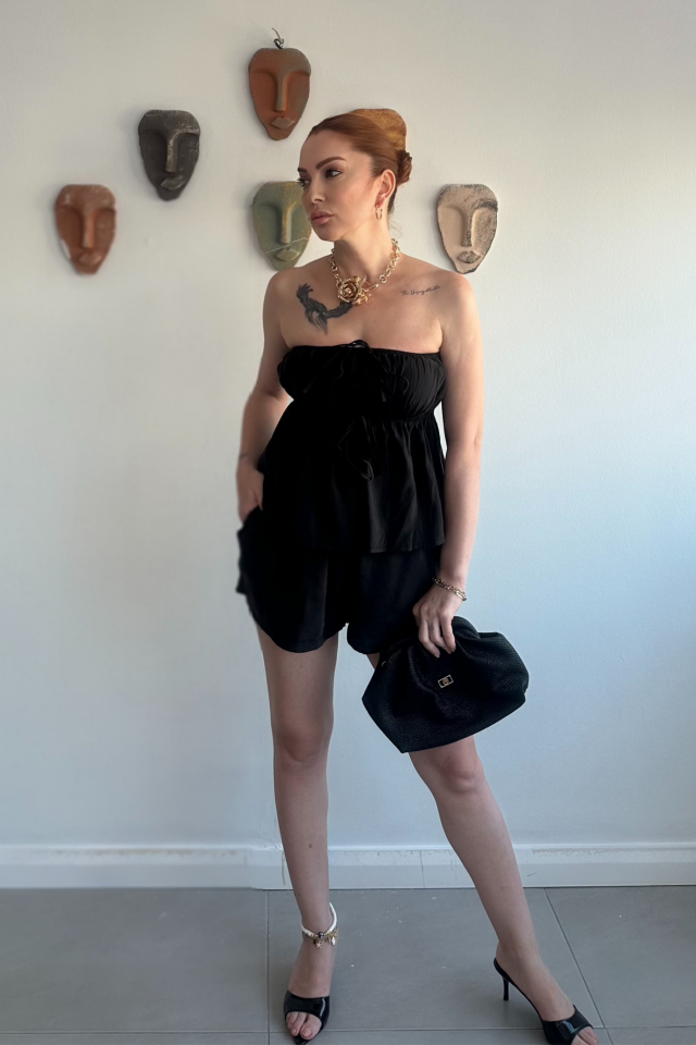 Siyah Straplez Şort Takım