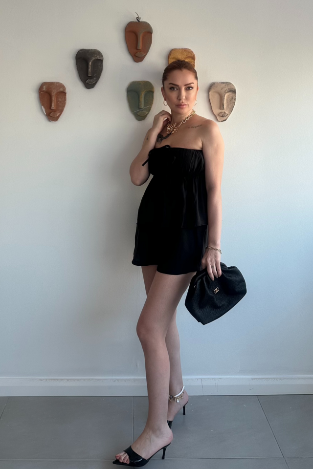 Siyah Straplez Şort Takım