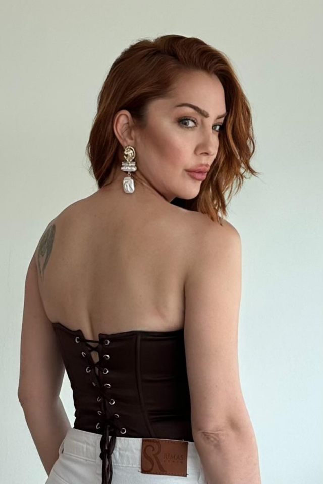 Saten Korse Büstiyer Kahve