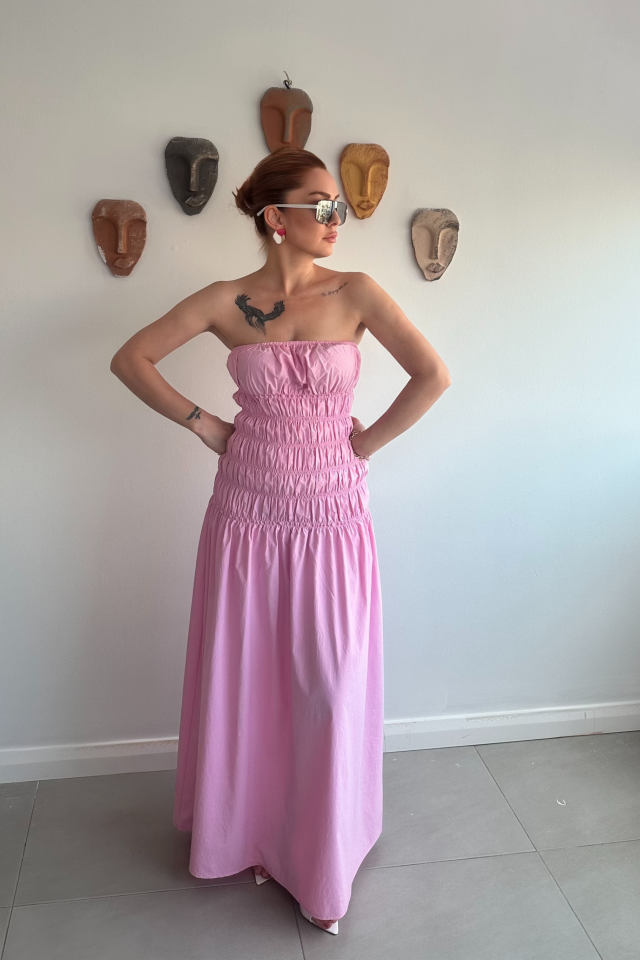 Pembe Büzgülü Straplez Elbise