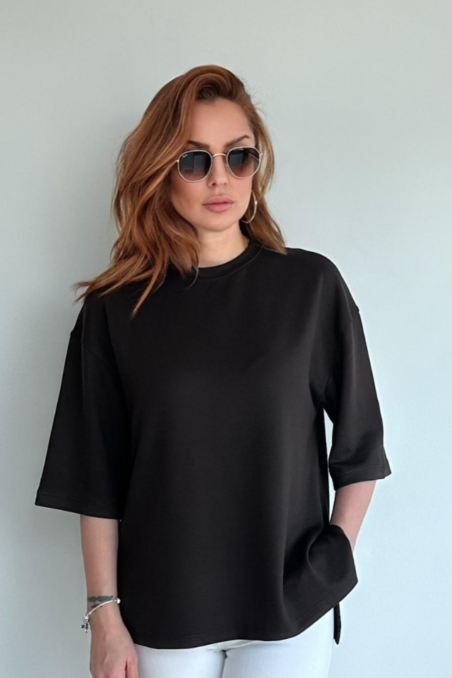 Kahve Yanları Yırtmaçlı Basic Tişört