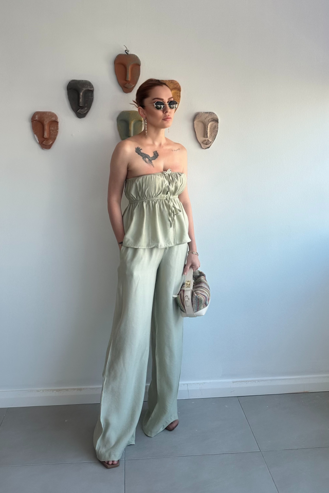 Mint Yeşili Straplez Pantolon Takım