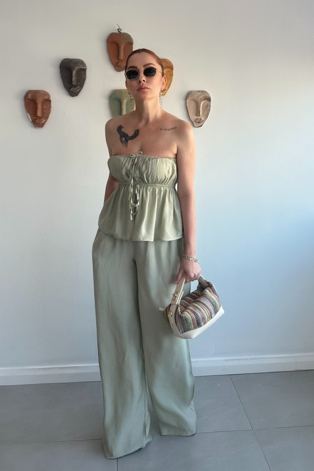 Mint Yeşili Straplez Pantolon Takım