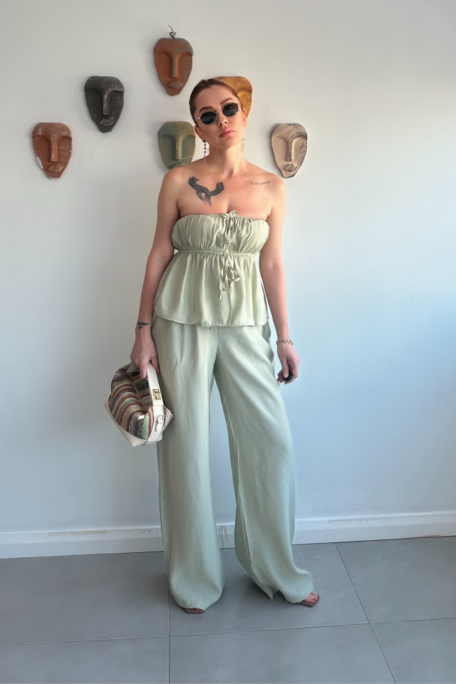 Mint Yeşili Straplez Pantolon Takım