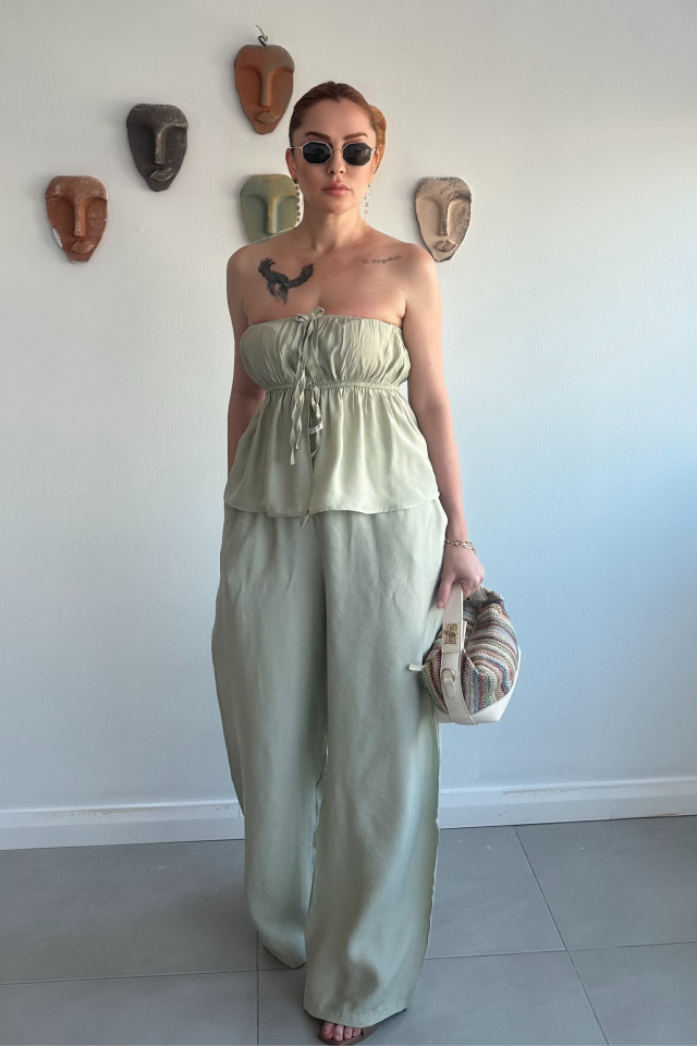 Mint Yeşili Straplez Pantolon Takım