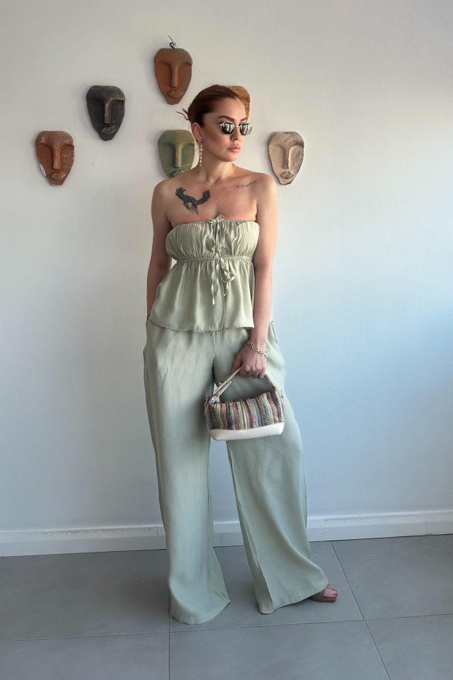 Mint Yeşili Straplez Pantolon Takım