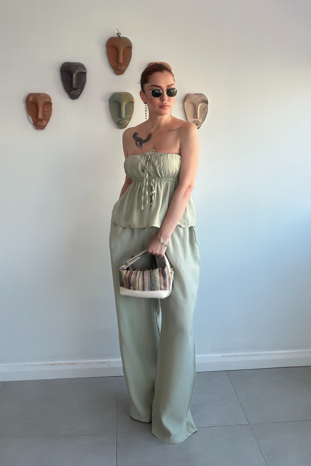 Mint Yeşili Straplez Pantolon Takım