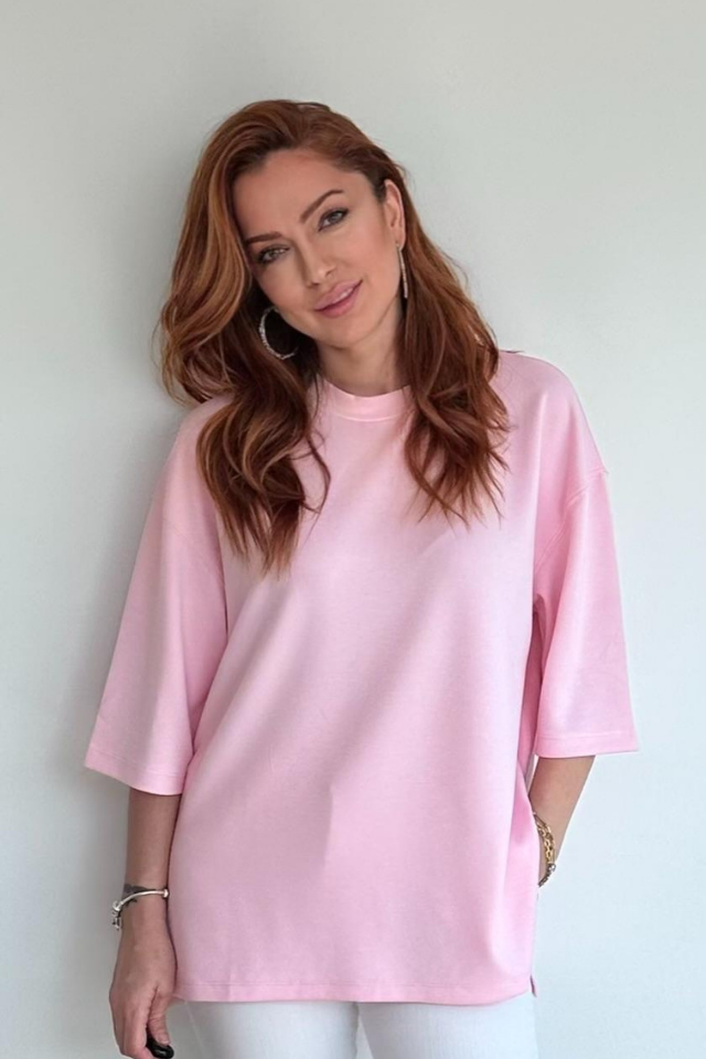 Pembe Yanları Yırtmaçlı Basic Tişört