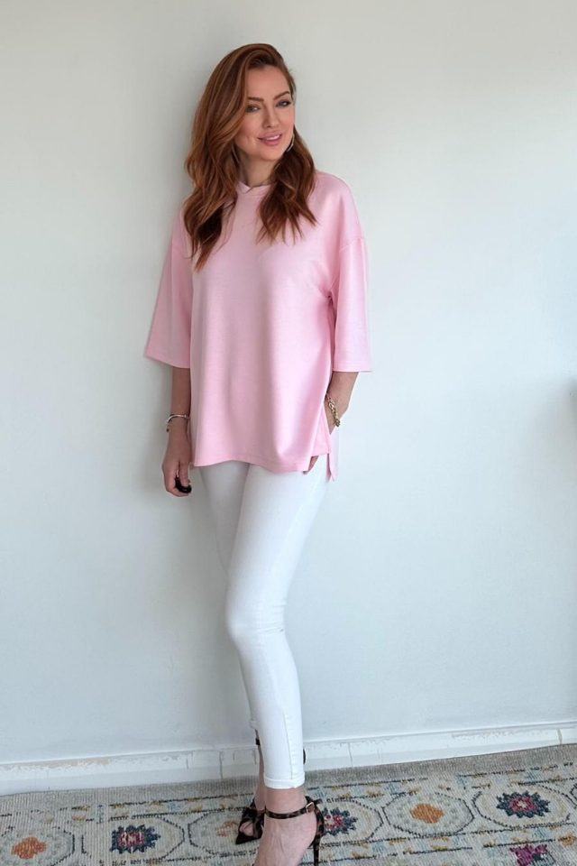 Pembe Yanları Yırtmaçlı Basic Tişört