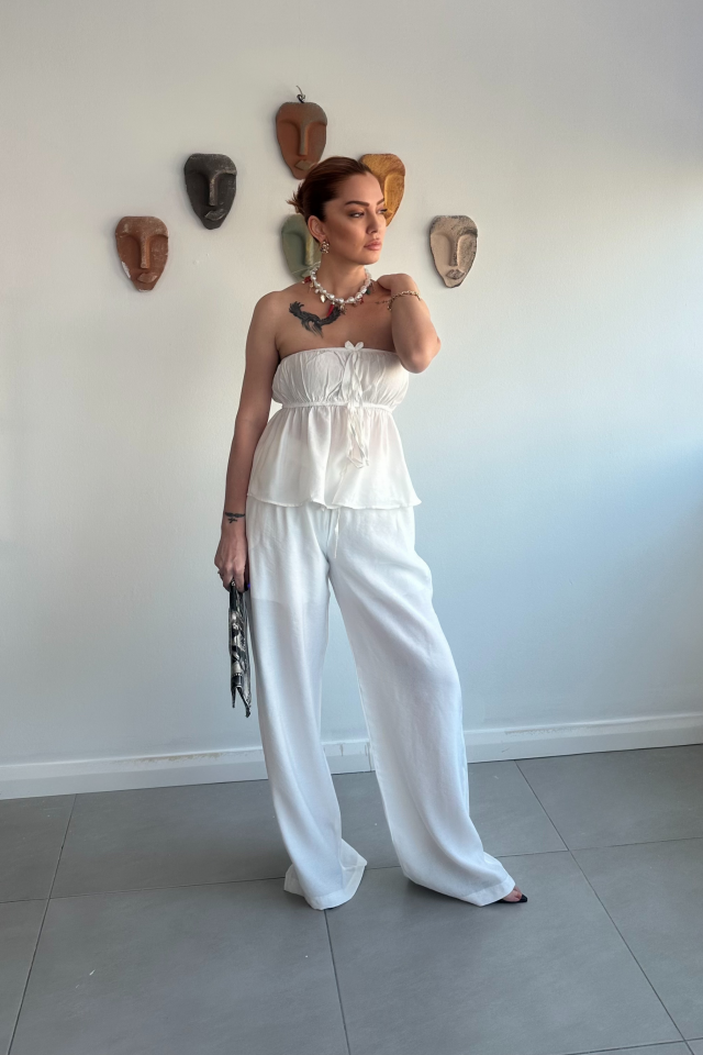 Beyaz Straplez Pantolon Takım