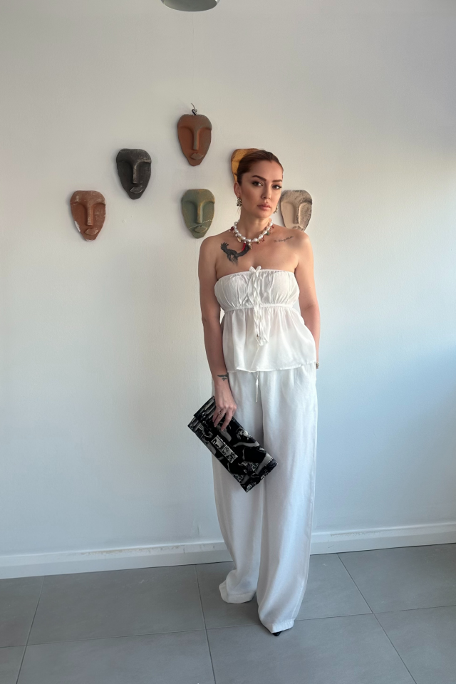 Beyaz Straplez Pantolon Takım
