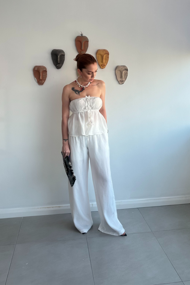 Beyaz Straplez Pantolon Takım