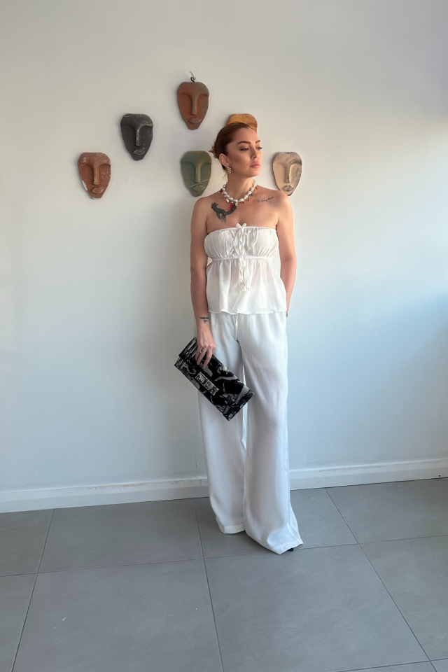 Beyaz Straplez Pantolon Takım