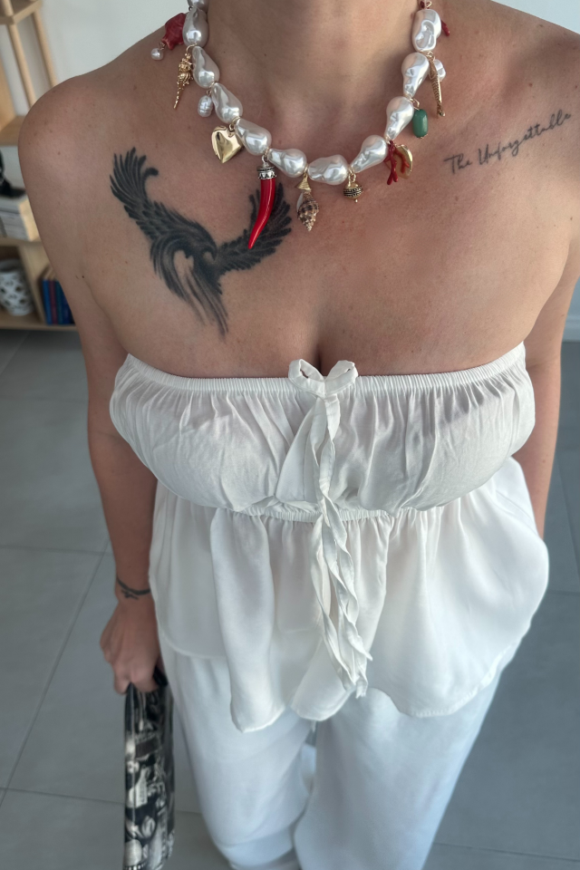 Beyaz Straplez Pantolon Takım