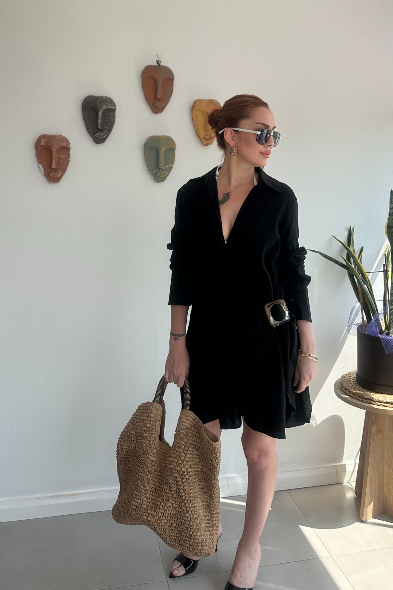 Siyah Tokalı Gömlek Elbise