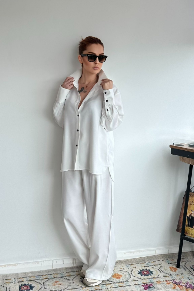 Ekru  Özel Dokuma Gömlek Pantolon Takım