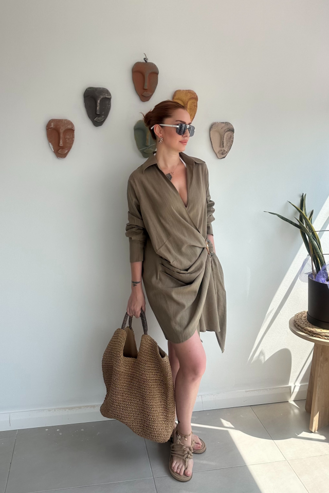 Haki Tokalı Gömlek Elbise