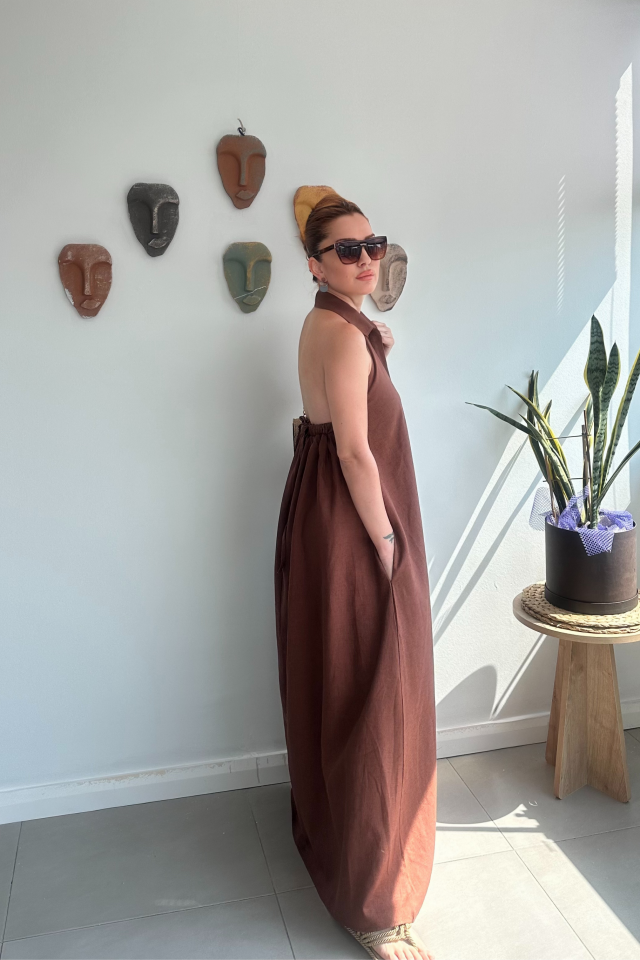 Kahverengi Reglan Kollu Elbise