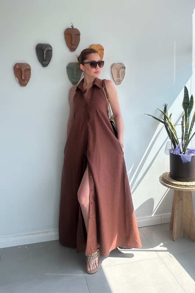 Kahverengi Reglan Kollu Elbise