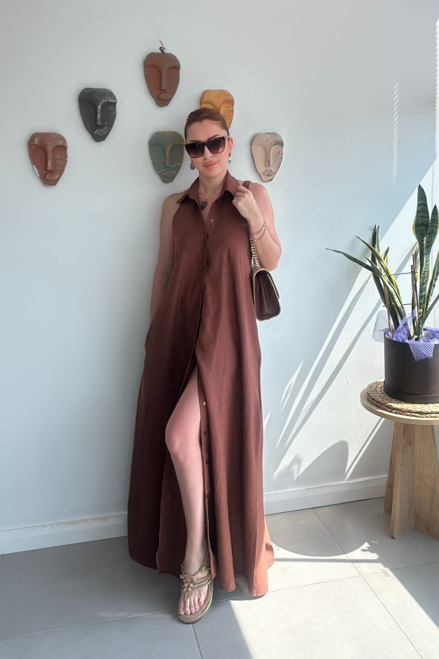 Kahverengi Reglan Kollu Elbise