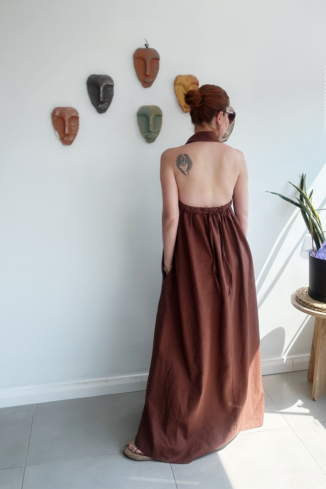 Kahverengi Reglan Kollu Elbise