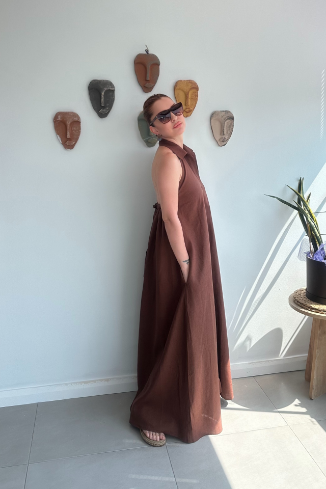 Kahverengi Reglan Kollu Elbise