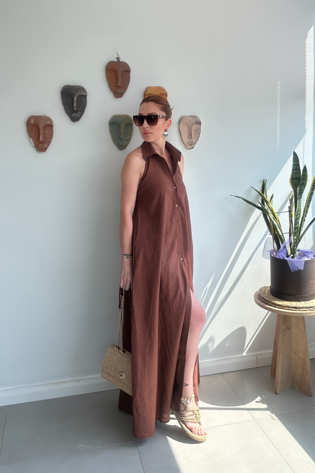 Kahverengi Reglan Kollu Elbise