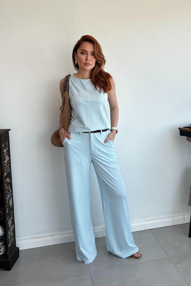 Bebe Mavisi , Kemerli Bluz  Pantolon Takım