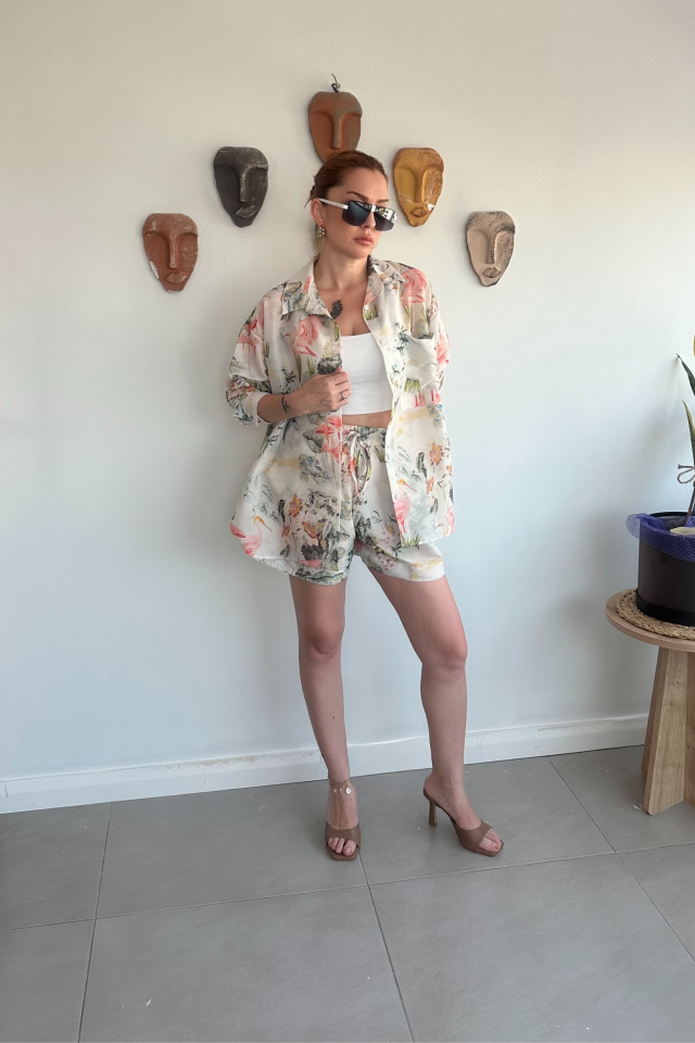 Çiçek Desenli Gömlek Şort Takım