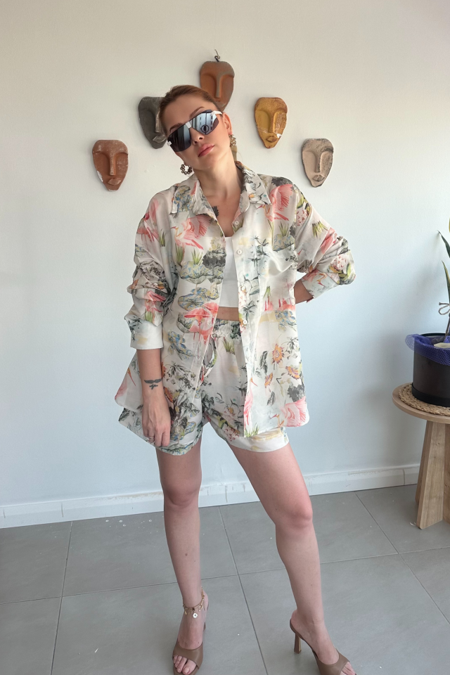 Çiçek Desenli Gömlek Şort Takım