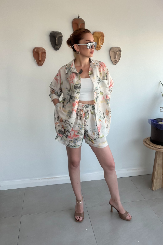 Çiçek Desenli Gömlek Şort Takım