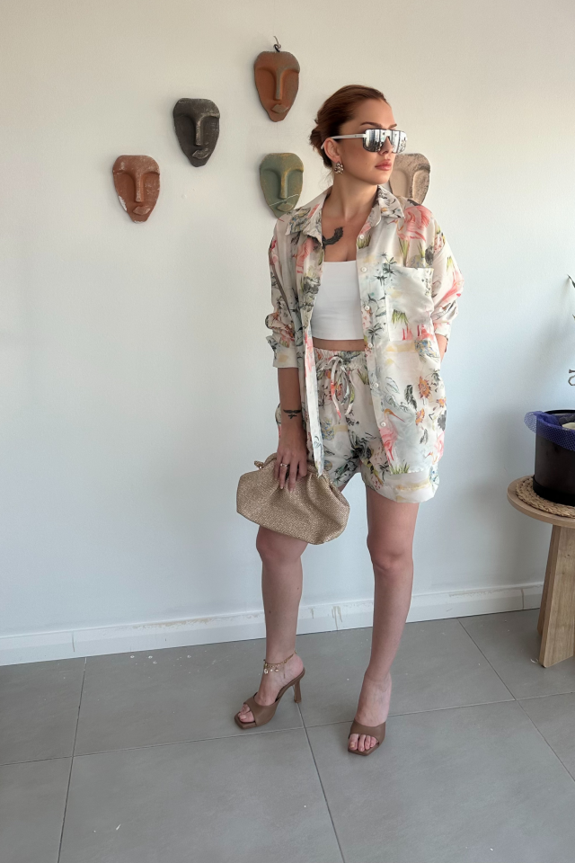 Çiçek Desenli Gömlek Şort Takım