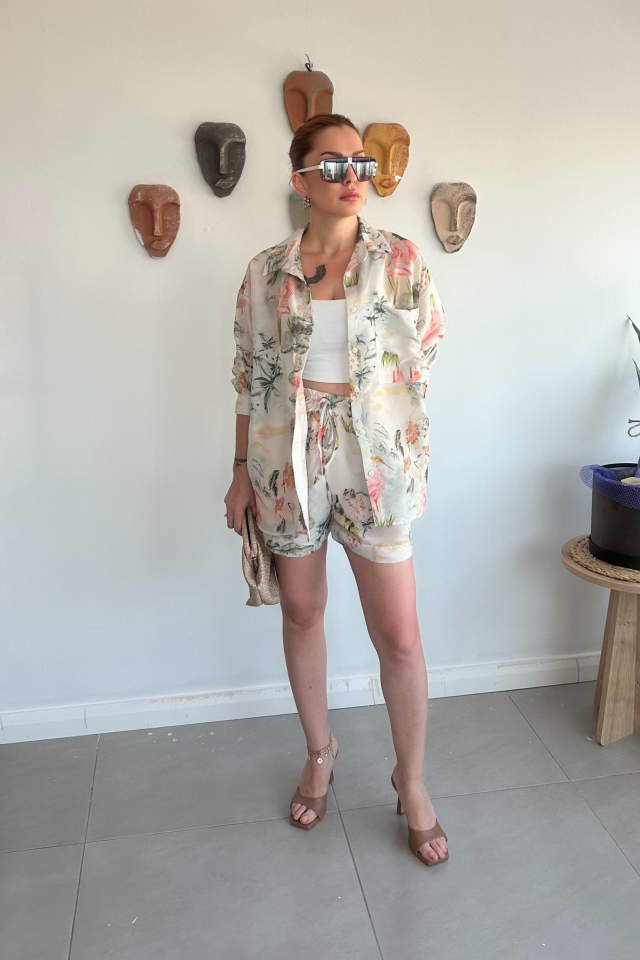 Çiçek Desenli Gömlek Şort Takım