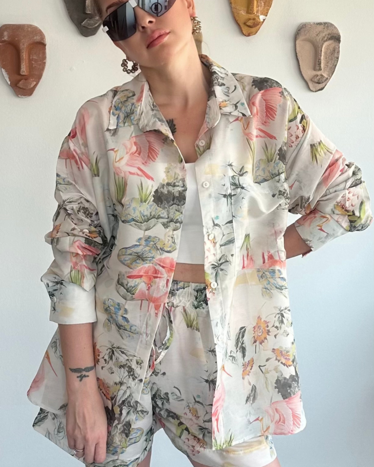 Çiçek Desenli Gömlek Şort Takım