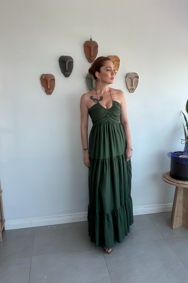 Haki Boyundan Bağlamalı Elbise