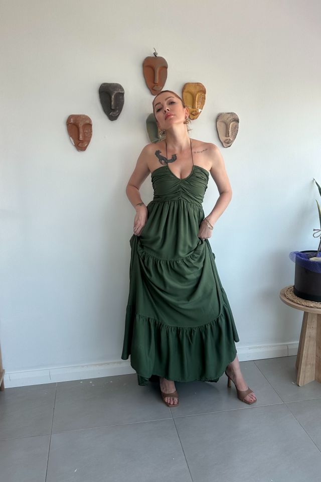 Haki Boyundan Bağlamalı Elbise