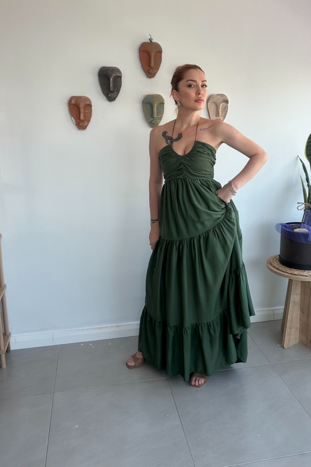 Haki Boyundan Bağlamalı Elbise