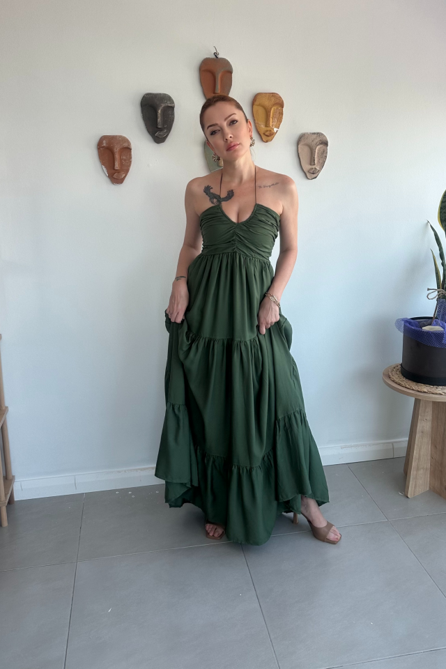 Haki Boyundan Bağlamalı Elbise