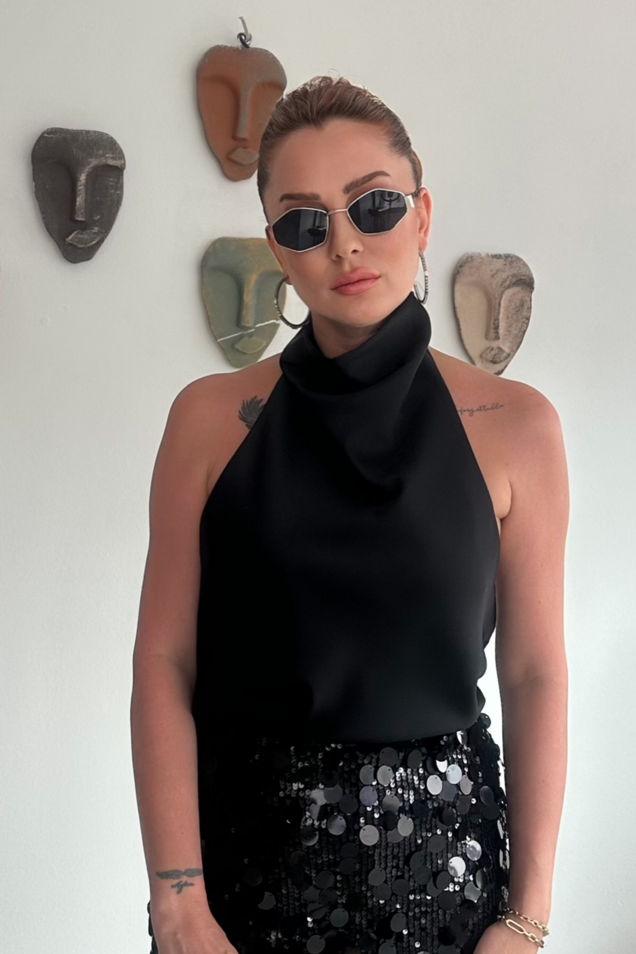 Halter Yaka Siyah Saten Bluz