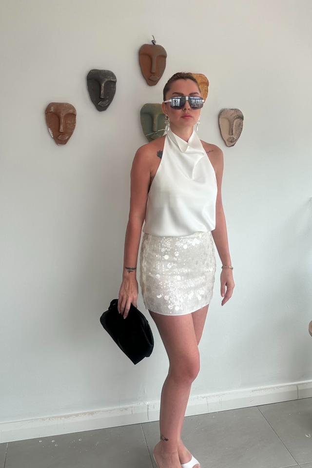 Ekru Halter Yaka  Saten Bluz