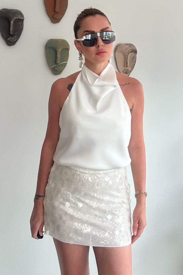 Halter Yaka Beyaz Saten Bluz