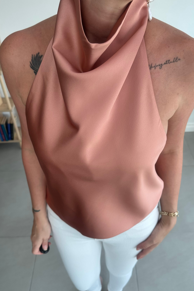 Halter Yaka Gülkurusu Saten Bluz