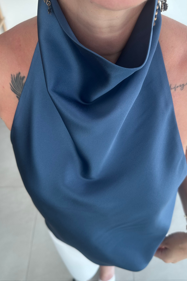 Halter Yaka İndigo Saten Bluz