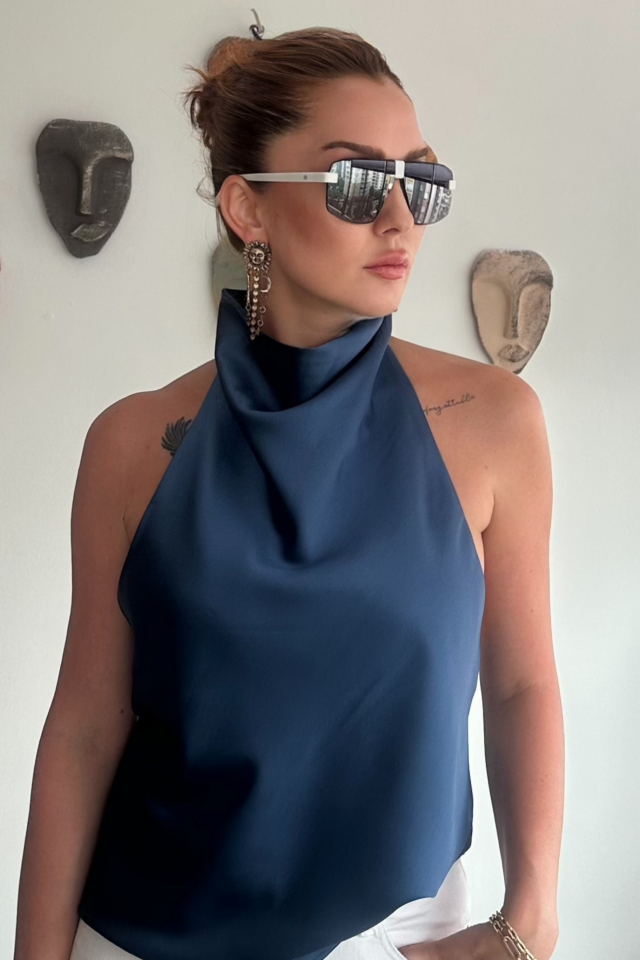 Halter Yaka İndigo Saten Bluz