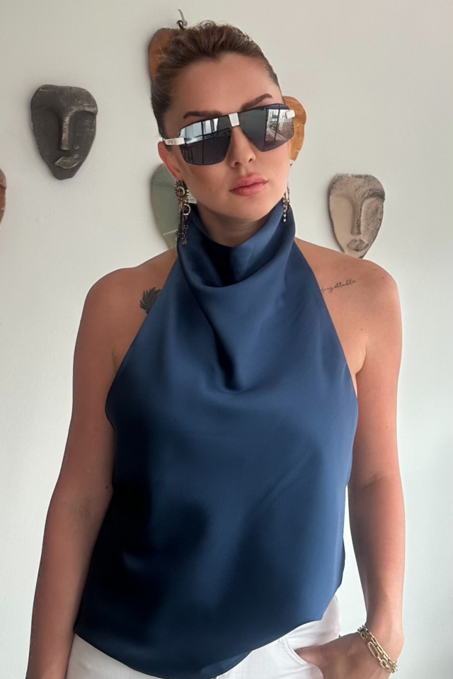 Halter Yaka İndigo Saten Bluz